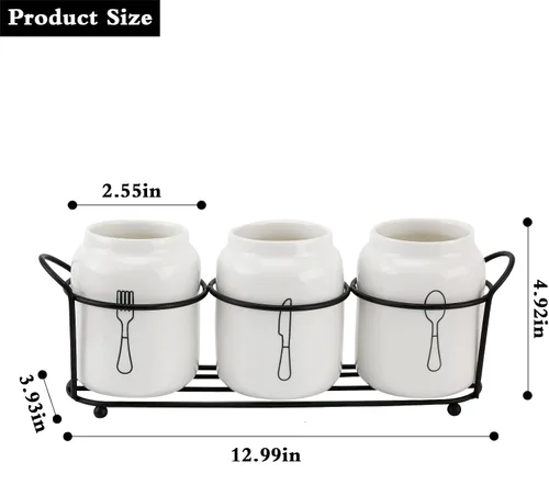 Vista 3 de Soporte de cubiertos de 4 piezas para organizador de encimera de cerámica blanca con estante de metal negro, soporte para tenedor, cuchara