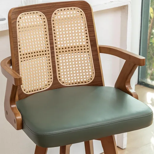 Vista 8 de Juego de 2 Taburetes de Mostrador - Taburetes Giratorios de 27 Pulgadas con Respaldo de Ratán, Brazos Curvos, Asiento Tapizado, Patas de Bambú Nogal