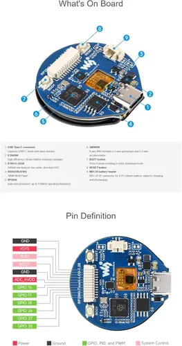 Vista 6 de Placa de desarrollo de microcontrolador RP2040 de tamaño compacto con LCD táctil redondo de 1.28 pulgadas y acelerómetro y sensor giroscopio