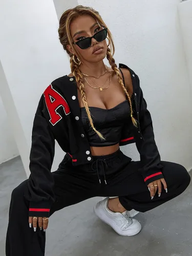 Vista 5 de Verdusa Chaqueta bomber de manga larga con estampado de letras para mujer