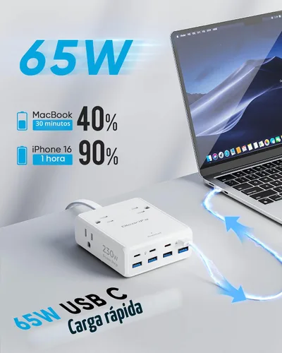 Vista 2 de Olcorife Tira de alimentación USB de 230 W, cable de extensión de enchufe plano ultrafino de 5 pies, 4 salidas de CA, 8 puertos USB