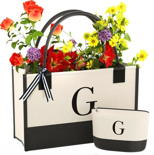Vista 18 de Monogrammed Canvas Tote Bag with Zipper Pockets - Ideal Gift for Mom, Teacher, Sister