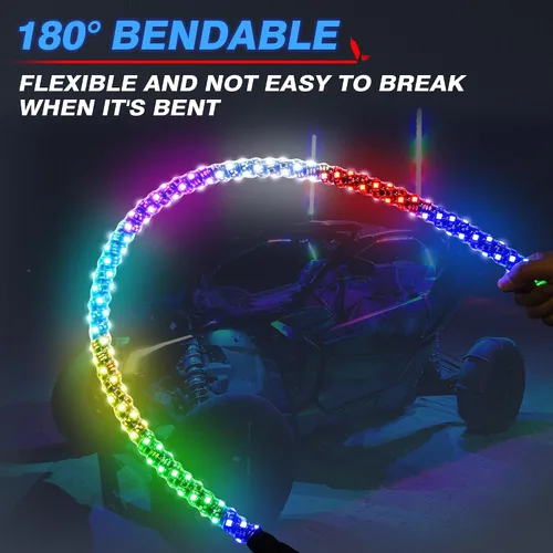 Vista 3 de MICTUNING 2PCS Luces LED Whip W1 de 3 pies con bandera y base de resorte, luces whip de persecución en espiral RGB+IC con APP, sincronización