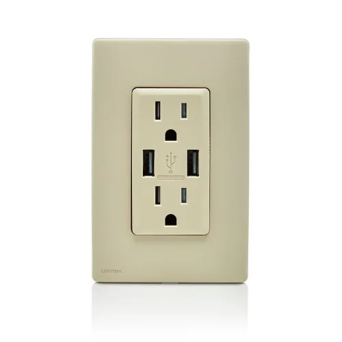 Vista 2 de Leviton RUAA1-CA Renu Cargador USB/toma dúplex resistente a manipulaciones, 15A-125VAC, Café Latte