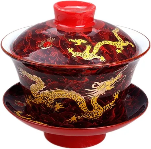 Vista 4 de Moyishi Juego de té de porcelana china Gaiwan Floral Dragon Tradition Sancai Tea Cup Tea Cup Tea Set Mejor Regalo (diseño de murciélago)