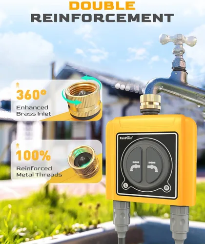 Vista 2 de RAINPOINT Temporizador de agua WiFi con entrada de latón, temporizador de rociador de 2 salidas, controlador automático del sistema de riego