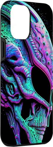 Vista 12 de iPhone 13 Pro Trippy Vaporwave Alien Head Skull Dripping Paint UFO Art Case