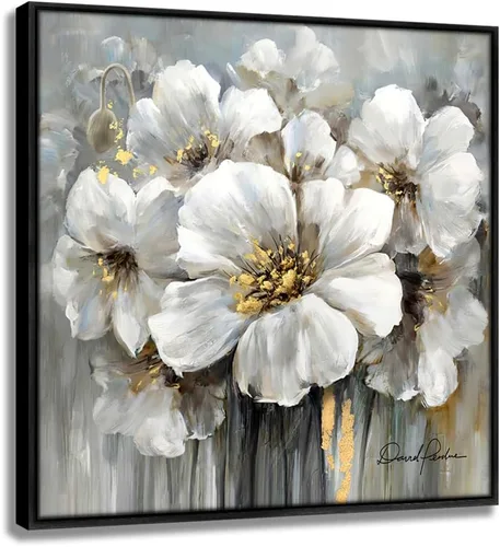 Vista 10 de Cuadro de flores para sala de estar, arte de pared floral azul y blanco sobre lienzo con detalles dorados para decoración de dormitorio gris, 32 x