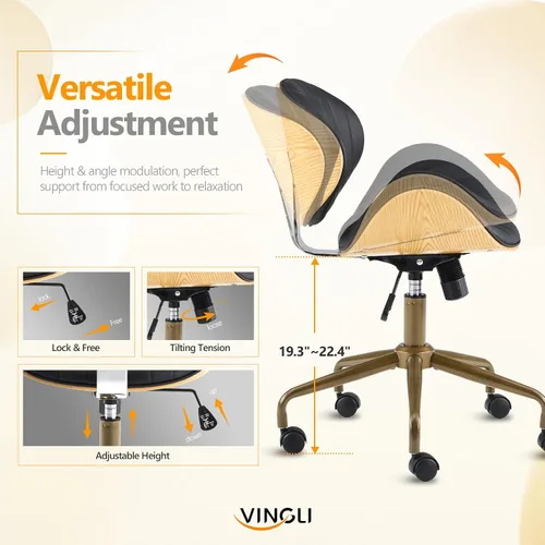 Vista 3 de VINGLI Silla giratoria de oficina en casa amplia y cómoda con carcasa curvada de grano de madera, silla de escritorio ergonómica acolchada sin