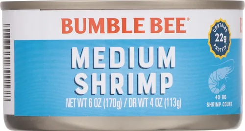 Vista 6 de Bumble Bee Camarones enlatados medianos, lata de 6 onzas, camarones en agua, cocidos, pelados, desvenados, 0.78 oz de proteína por porción, sin