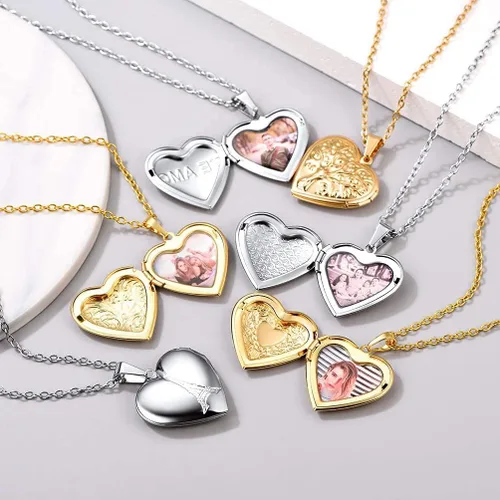 Vista 5 de U7 Custom Photo Locket Necklace - Oval & Heart Shaped Locket - GoldSilverRose Gold Personalized Image Necklaces for Women