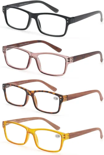 Vista 14 de MODFANS Paquete de 4 gafas de lectura 2.0, con bisagras de resorte de aspecto de madera, elegantes, para hombres y mujeres Paquete de 4