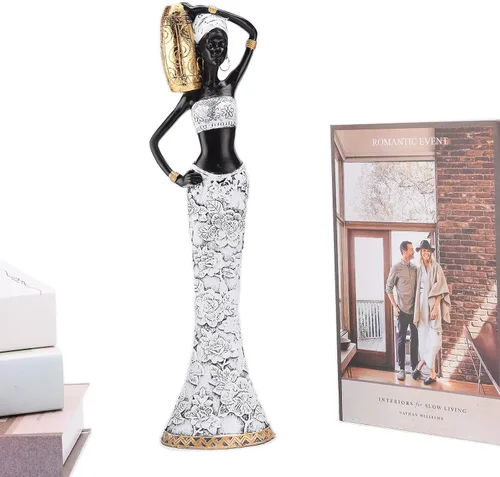 Vista 6 de BRASSTAR Escultura tribal africana dama de resina 15.1 ''(H) Mujer blanca y negra con tarro sala de estar dormitorio estudio tienda decorativa