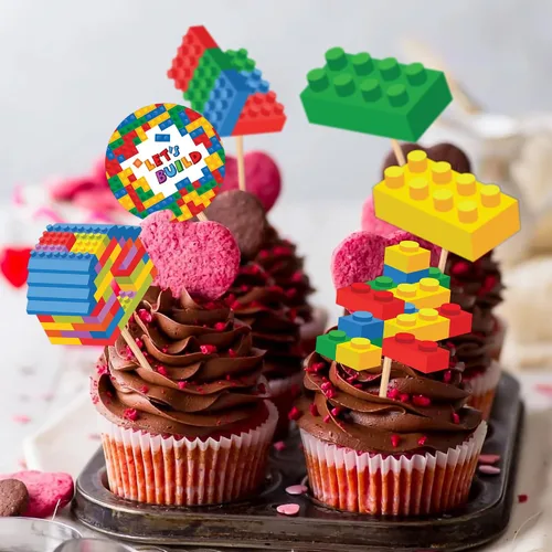 Vista 6 de 25 piezas de bloques de construcción con temática de feliz fiesta de cumpleaños, decoración de cupcakes, decoración de decoración de construcción