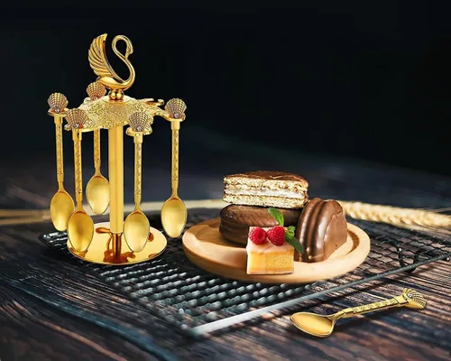 Vista 7 de Soporte decorativo de base de cisne con 6 cucharas, cucharas de té de lujo, postre de café, cucharaditas, cuchara de mermelada para frutas, agitar