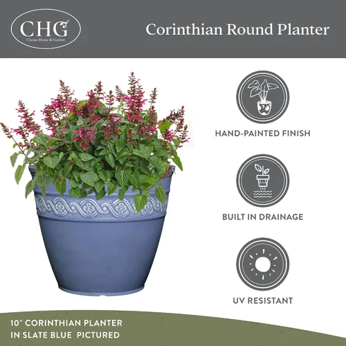 Vista 4 de Classic Home and Garden - Maceta redonda Corinthian Classic Resin Plant Pots, Lightweight Indoor Outdoor Planter, Weather-Resistant, Great for