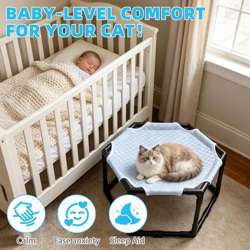 Vista 4 de Cama hamaca elevada para gatos, cuna hexagonal elevada para gatos con tela transpirable de gorro de hielo y bloque antideslizante, alfombrilla