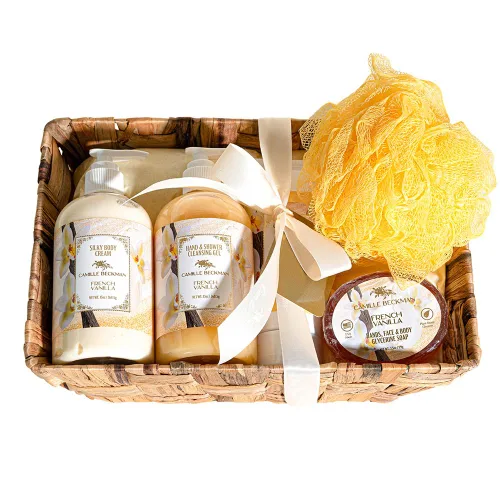 Vista 7 de Camille Beckman Cesta de regalo Essentials, Camille, terapia de manos de glicerina de 6 onzas, crema corporal sedosa de 13 onzas, gel limpiador