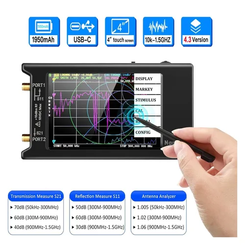 Vista 2 de Spectrum Analyzer, Updated10k-1.5GHz VNA-H4 4inch Vector Network Analyzer HF VHF UHF Antenna V4.3 with SD Card Slot