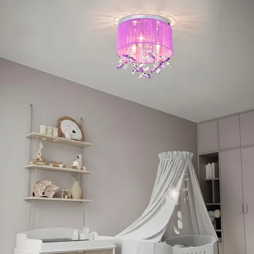 Vista 3 de LaLuLa Candelabro de cristal morado para dormitorio de niñas, lámpara de techo E12 de 3 luces, pantalla de cuerda de algodón hecha a mano, elegante