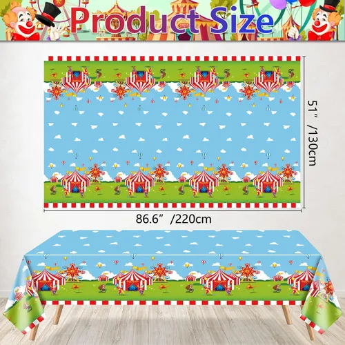 Vista 2 de Paquete de 4 manteles con temática de circo, 51 x 87 pulgadas, mantel rectangular desechable de plástico para carnaval, mantel a rayas rojas