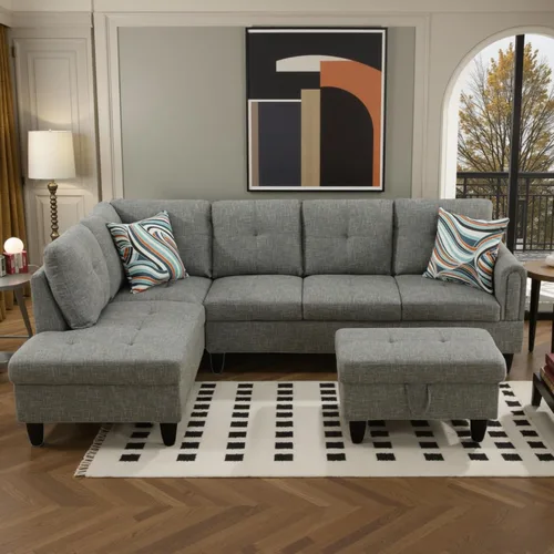 Vista 8 de Sofás en forma de L para sala de estar, muebles de sofá seccional para sala de estar con otomana de almacenamiento, sofá seccional modular con Beige