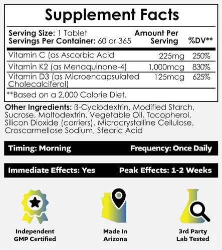 Vista 2 de Nootropics Depot Vitamina D3 + K2 con tabletas de vitamina C 60 unidades Colecalciferol + Menaquinona-4 (MK-4) Salud del estado de ánimo