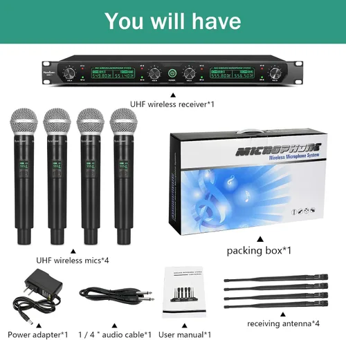 Vista 9 de Sistema de Micrófono Inalámbrico, Micrófono Profesional UHF de 4 Canales, Empareja Automáticamente Micrófono Inalámbrico de Metal con 4 Micrófonos