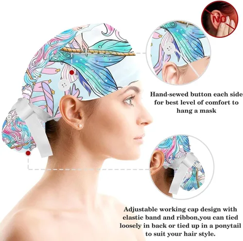 Vista 3 de Cartoon Alphabet Adjustable Women Working Cap with Bow Hair Scrunchy, Bouffant Hat with Buttons