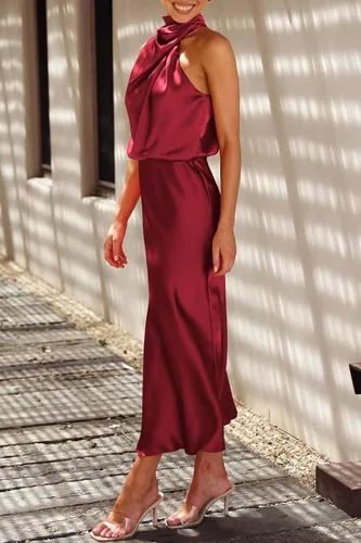 Vista 8 de PRETTYGARDEN Vestido de satén de verano 2024 para mujer, elegante, sin mangas, con cuello alto falso, para cóctel, fiesta, maxi vestidos
