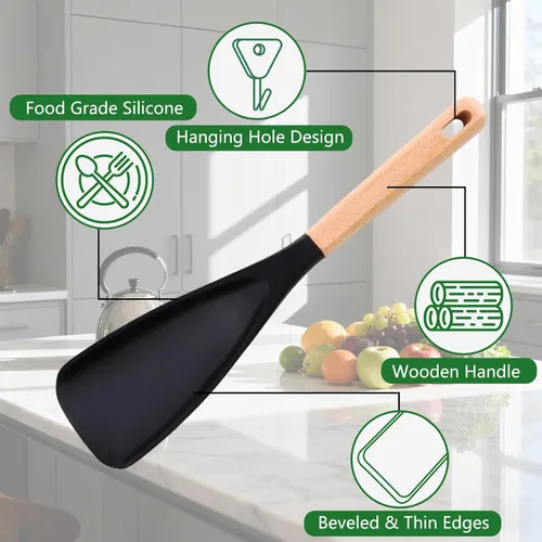Vista 3 de Cuchara de cedro y ceniza, cuchara de silicona para utensilios de cocina antiadherentes, cuchara de cocina multifunción con mango de madera