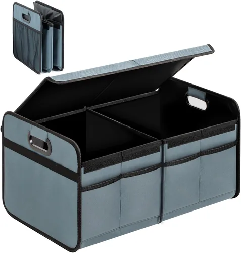 Vista 9 de YSSOA Organizador de maletero para coche/SUV/camión, caja de almacenamiento automotriz plegable de 2 compartimentos, poliéster Oxford 600D Negro