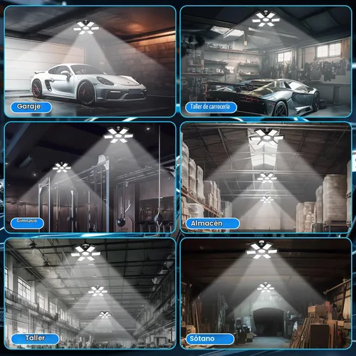 Vista 6 de Paquete de 2 Luces de Garaje, 200W 20000LM 6500K Luces LED de Taller, Luces LED de Techo de Garaje con 6+1 Paneles Ajustables para Sótano, Granero