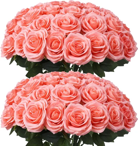 Vista 40 de Flores artificiales de rosa, rosas artificiales, rosas de seda, rosas falsas de aspecto real con tallos para manualidades, ramos de boda, centros