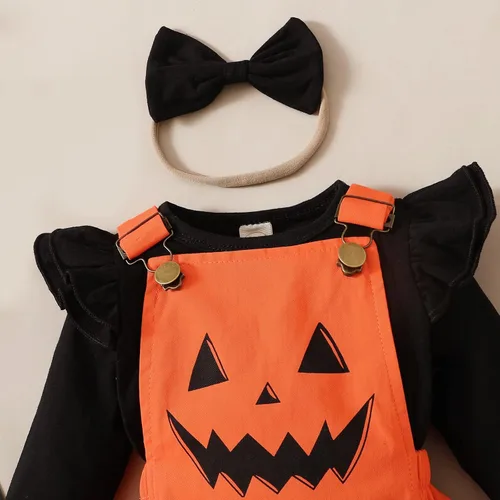 Vista 4 de Trajes de Halloween para niña recién nacida, sudadera de manga larga, color liso, overoles con peto, overoles de fantasma, diadema con lazo, ropa