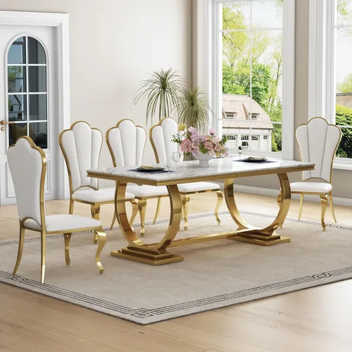 Vista 11 de Juego de mesa de comedor moderno de mármol para 6, sillas de mesa de cocina, juego de 7 piezas con mesa de comedor de imitación de mármol blanco