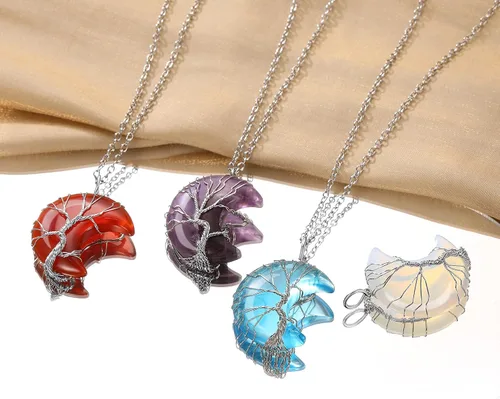 Vista 6 de Bestyle Collar de cristal curativo envuelto en árbol de la vida, colgante de piedra natal de 12 meses para mujer, joyería de piedras preciosas