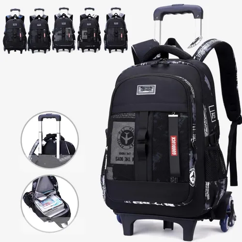 Vista 7 de Mildame Mochila con ruedas para niños, mochila escolar con ruedas, Graffiti blanco y negro 2 ruedas