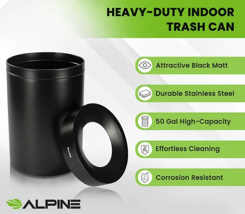 Vista 5 de Alpine Industries - Bote de basura comercial de acero inoxidable – Bote de basura resistente de 50 galones, moderno, redondo, gran receptáculo