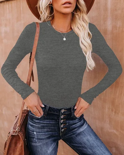 Vista 2 de REVETRO Camisetas de cuello redondo para mujer, manga larga, ajustadas, para invierno, básicas