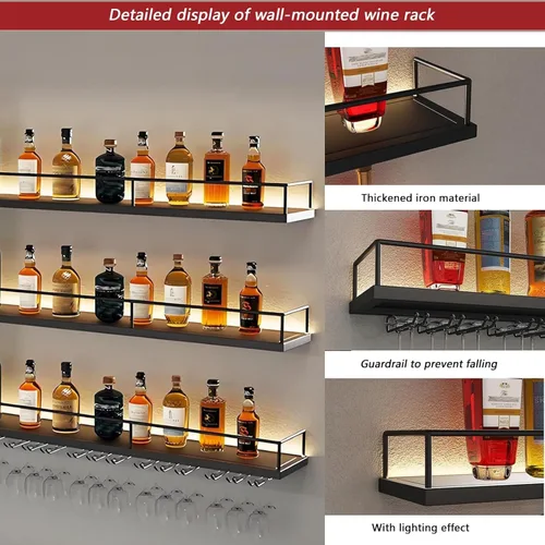 Vista 5 de Estante de metal para vino montado en la pared con luces LED, estantes flotantes de bar de 3 niveles con estante para copas de vino, estante grande