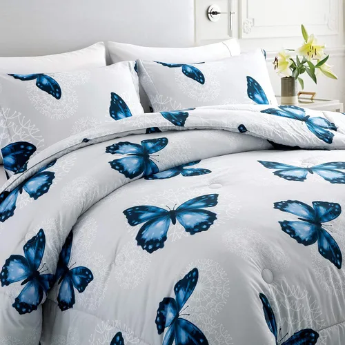 Vista 3 de ARTALL Juego de edredón de microfibra ligera de 3 piezas con 2 fundas de almohada, juego de ropa de cama con patrón de mariposa, matrimonial/queen