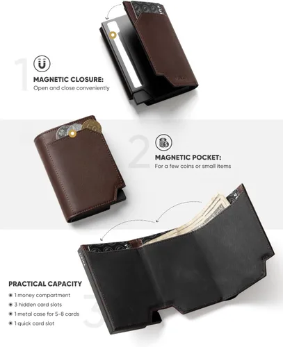 Vista 3 de VULKIT Tarjetero de crédito con bolsillo para monedas, cierre magnético, cartera para tarjetas emergente, bloqueo RFID, funda de piel minimalista