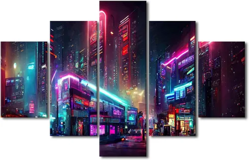 Vista 91 de Póster de 5 paneles en lienzo para decoración de pared, diseño de centro urbano Cyberpunk, impresión moderna, decoración de pared para el hogar