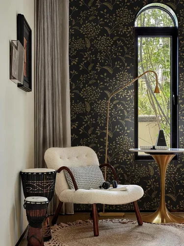 Vista 6 de Heroad Papel Tapiz Autoadhesivo Despegar y Pegar Negro Papel de Contacto Floral Dorado Papel Tapiz Moderno Boho Removible Papel de Contacto