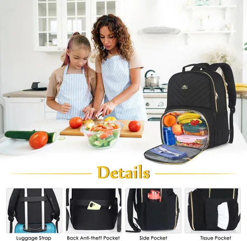 Vista 6 de MATEIN - Mochila de trabajo con compartimento para el almuerzo, mochila de almuerzo para mujer Insulated, Quilted, Water Resistant, Lunchbox Back