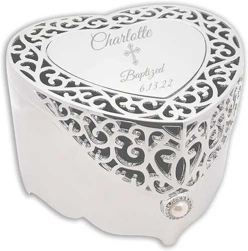 Vista 5 de Cherished Moments - Joyero personalizado con forma de corazón de filigrana Plata-Bautismo