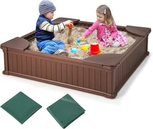Vista 11 de Costzon Caja de arena para niños con cubierta, caja de arena de polietileno de alta densidad de 47 x 47 pulgadas con cubierta Oxford, forro Marrón