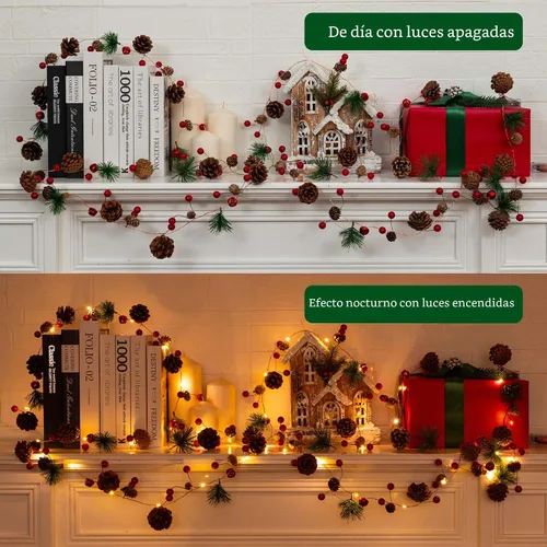 Vista 3 de Guirnalda de Navidad con luces, 6.7 pies, 20 luces LED de piña, funciona con pilas, guirnalda de Navidad con bayas rojas, guirnalda de luces