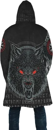 Vista 3 de WSXJJ Abrigo con capucha de tatuaje de lobo vikingo Fenrir en 3D, abrigo nórdico de cachemira sintética para hombre, chaqueta de invierno de media